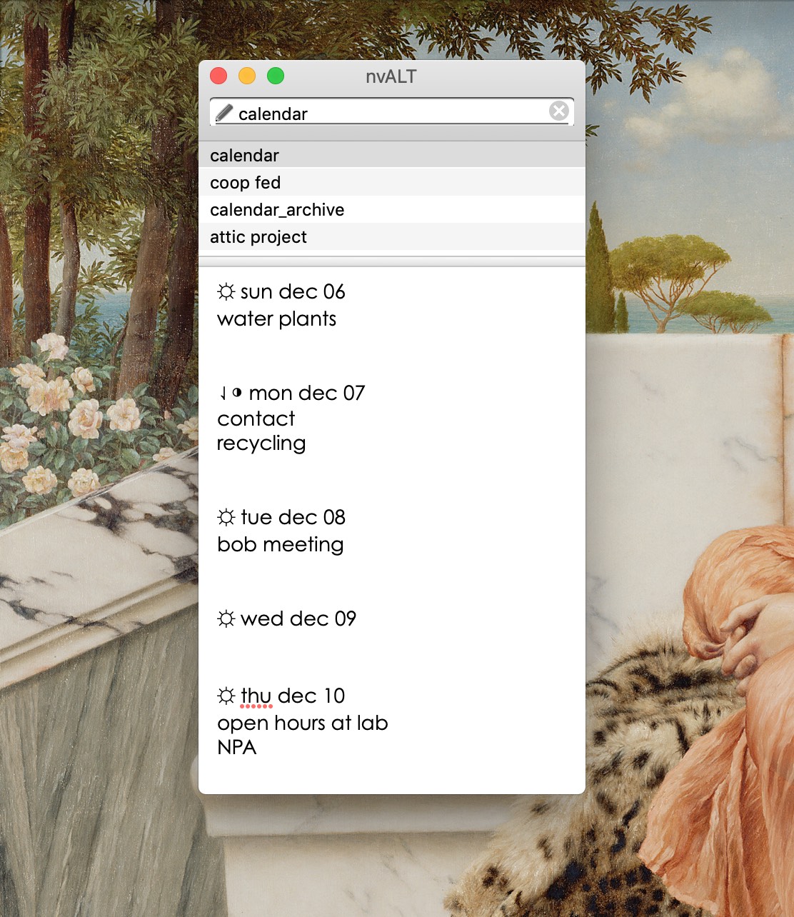 a screenshot of a text calendar output from calendarender being viewed in the nvALT program
